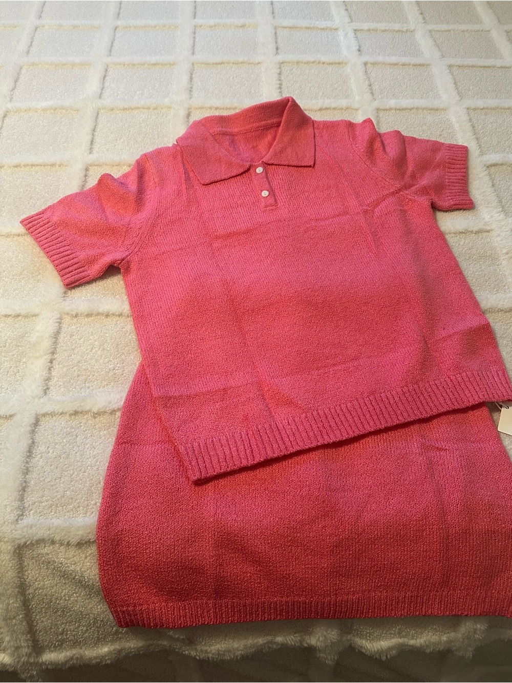 Short-Sleeve Crew Polo Sweater in Coral Pink with Skirt